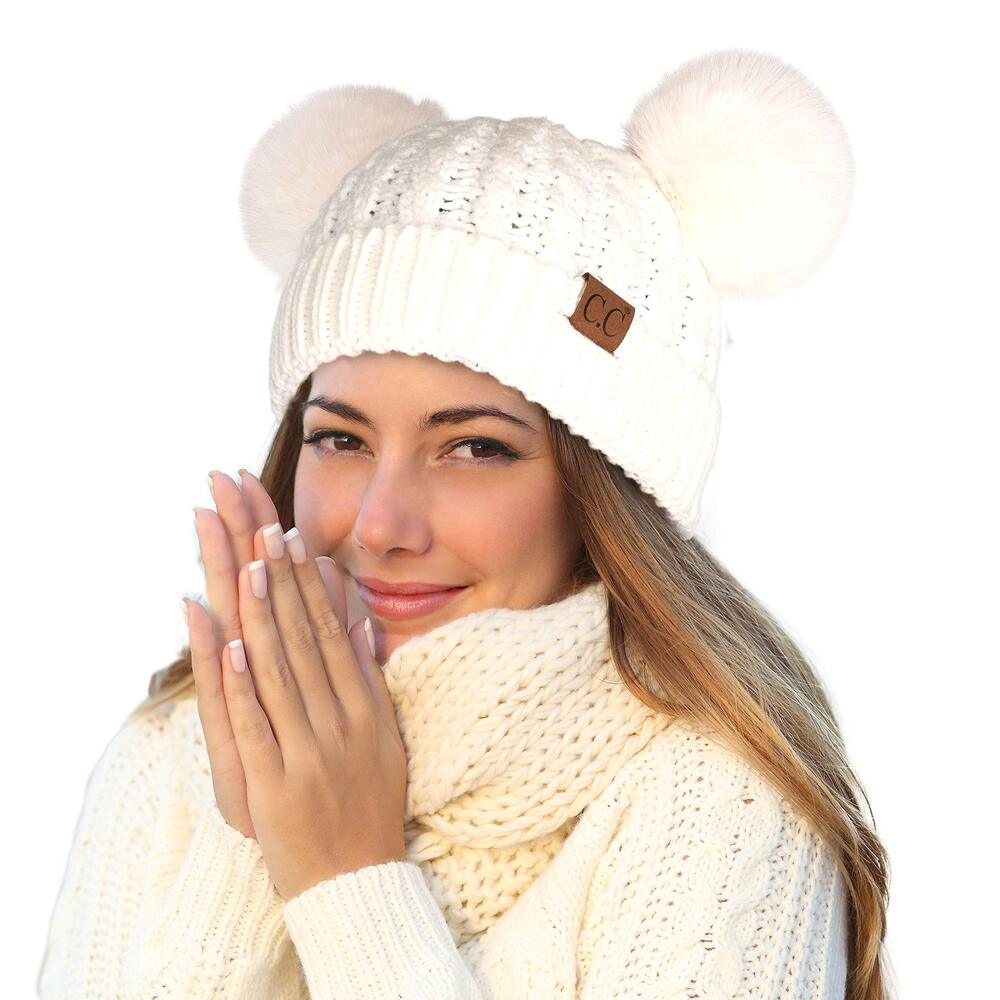 3005 Hatsandscarf Exclusives Natural Double Pom Pom Cable Knit Winter